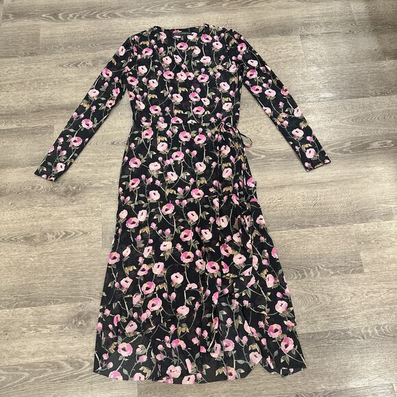 WHBM Floral Mesh Wrap Midi Dress Black Pink 10 bohemian preppy girly party boho - Picture 1 of 14